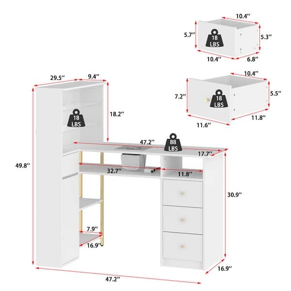 dimension image slide 1 of 4, Modern White Manicure Table with Built-in Nail Dust Collector and Storage Drawers, Tempered Glass Shelf