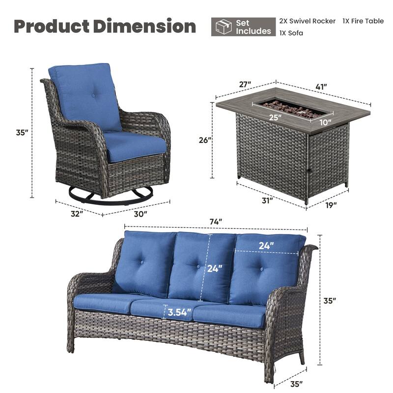 Gymojoy 4-Piece Outdoor Wicker Patio Furniture with Fire Pit Table, Rattan Coversation Set with Water Resistant Thick Cushions