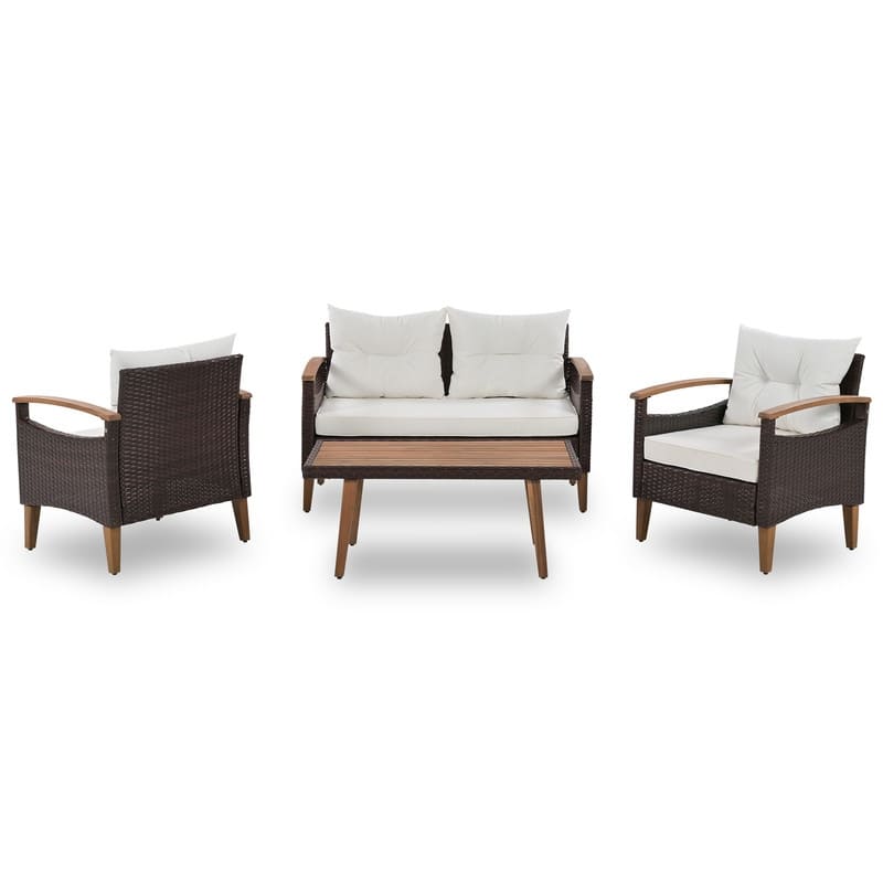 4-Piece PE Rattan Outdoor Sofa Set with Wood Table & Adjustable Legs