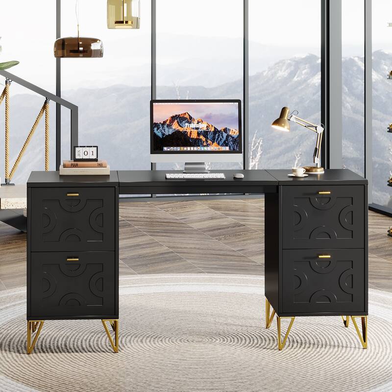 White Computer Desk with File Drawers, 59'' Modern Home Office Desk