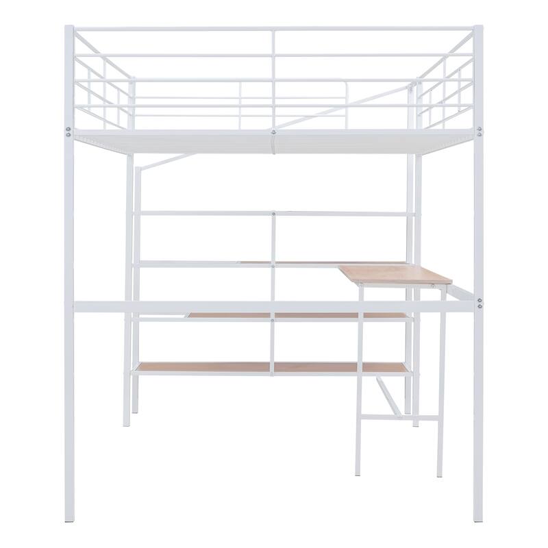 White Full Size Metal Loft Bed with Built-in Desk and Storage Ladder