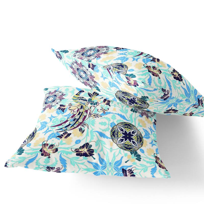 HomeRoots Set of Two 16" X 16" Blue and White Peacock Blown Seam Eclectic Indoor Outdoor Throw Pillow - 16.00' X '16.00' X '5.00