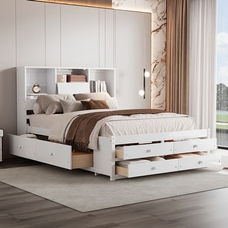 Queen Size Solid Pine Wood Platform Bed Frame with Storage Headboard and 8-Drawers for Bedroom, Easy Assembly, White