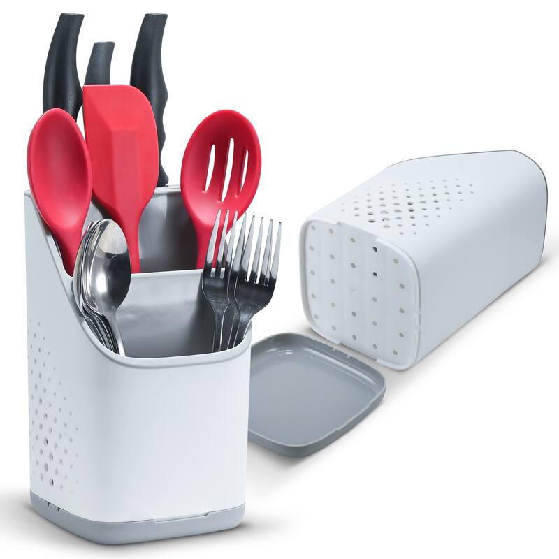 Cheer Collection Utensil Organizer Caddy and Drying Rack with Drip Tray - 4.72 x 5 x 7.48 - 4.72 x 5 x 7.48 - White