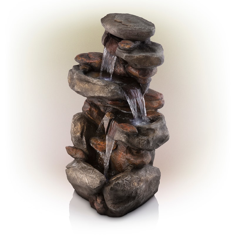 Alpine Corporation 40" Light Gray Outdoor 4 Tier Rock Water Fountain with LED Lights
