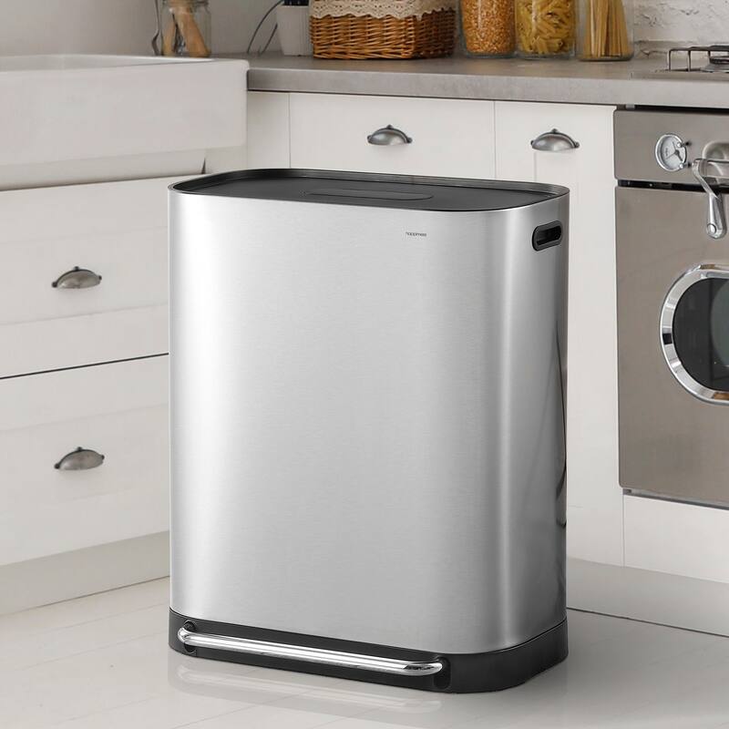 happimess Beni Kitchen Trash/Recycling 16-Gallon Double-Bucket Step-Open Trash Can, Chrome