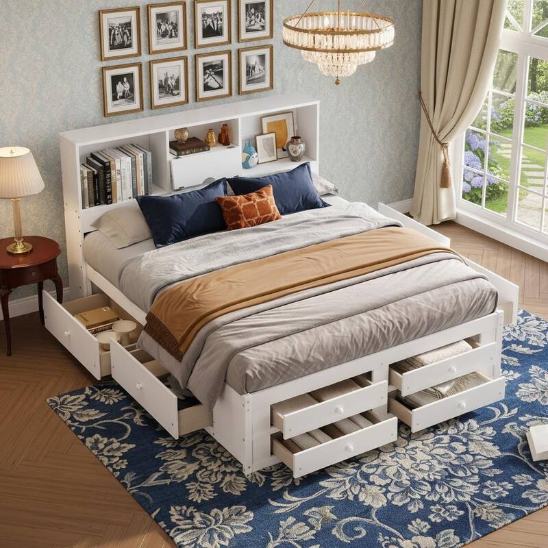 Platform Bed with Storage Headboard and 8 Spacious Drawers by Harper&Bright Designs - White - King