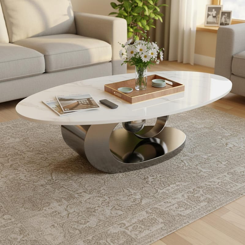 Homy Casa Marble Coffee Table with Sculptural Stainless Steel Base Family Paarty Gift - Grey - Marble