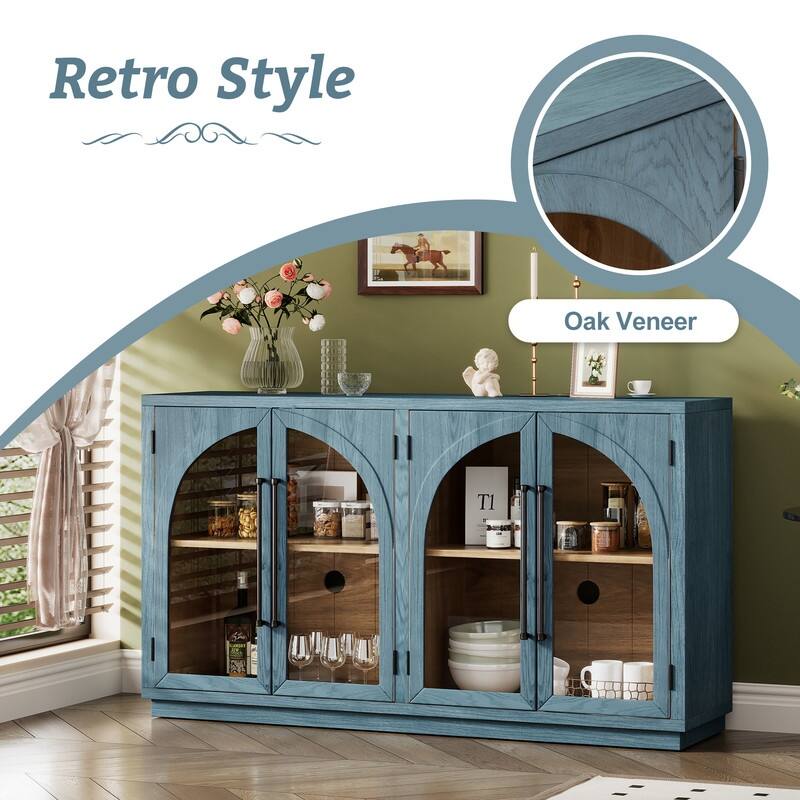 Retro Style Wood Buffet Sideboard with 4 Arched Glass Doors, Kitchen Storage Side Cabinet with Adjustable Shelves