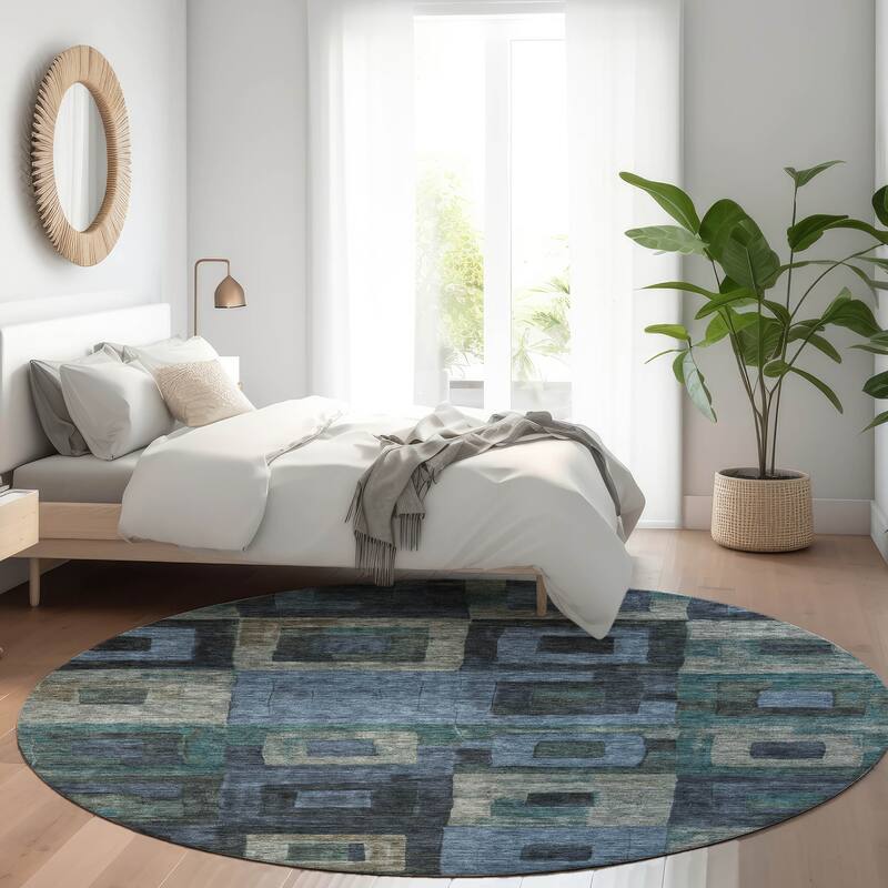 Machine Washable Indoor/ Outdoor Contemporary Blocks Chantille Rug - Blue - 8' x 8'