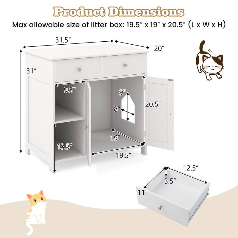 White MDF Cat Litter Box Enclosure with 2 Drawers, Open Compartments and Stable Structure - 31.5" x 20" x 31" (L x W x H)