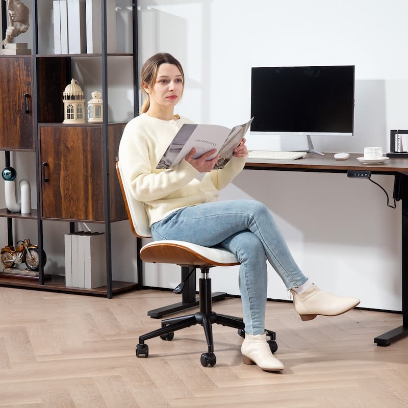 HOMCOM Home Office Chair No Arms with Wheels, PU Leather Mid Back Small Desk Chair with Adjustable Height, 360 Degree Swivel
