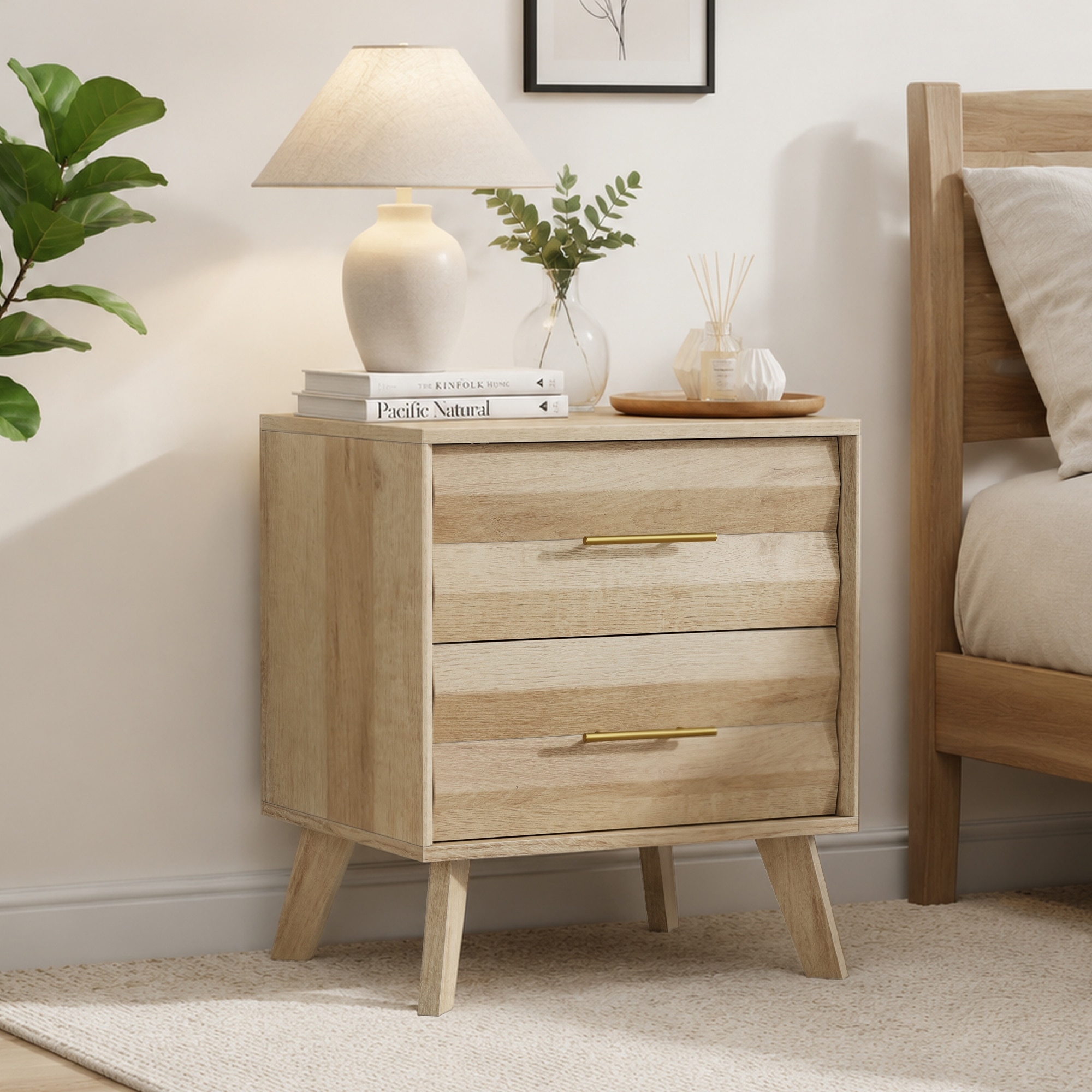 Double Drawer Bedside Table, Medieval-Style Modern Bedroom Bedside Storage Cabinet With Metal Handles, Single Unit