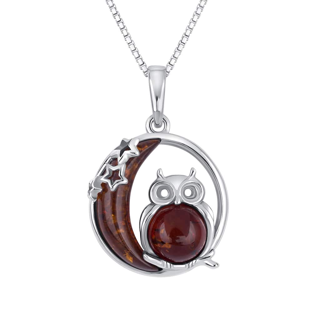 Baltic Amber Owl and Moon Pendant Necklace in Sterling Silver