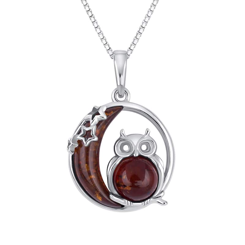 Baltic Amber Owl and Moon Pendant Necklace in Sterling Silver