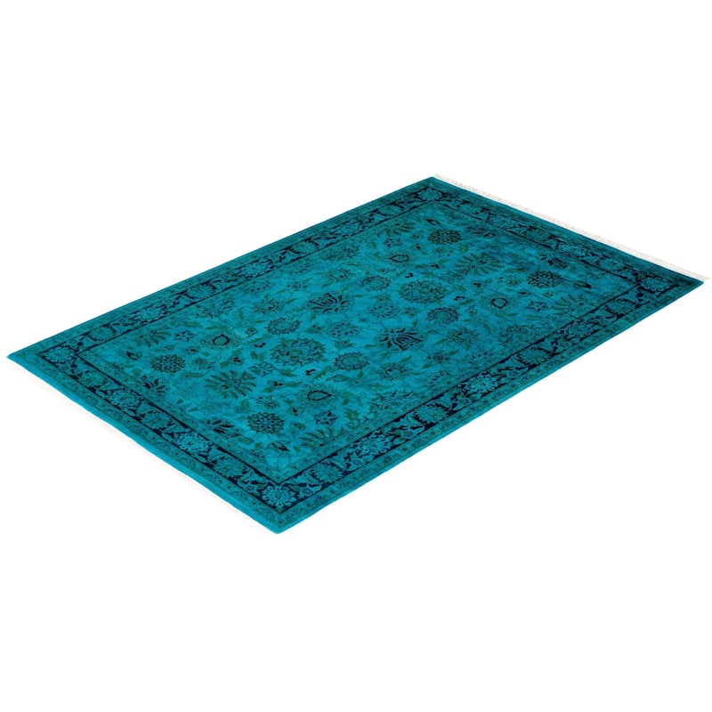 Overton Hand Knotted Wool Vintage Inspired Modern Contemporary Overdyed Blue Area Rug - 4' 2" x 6' 4"