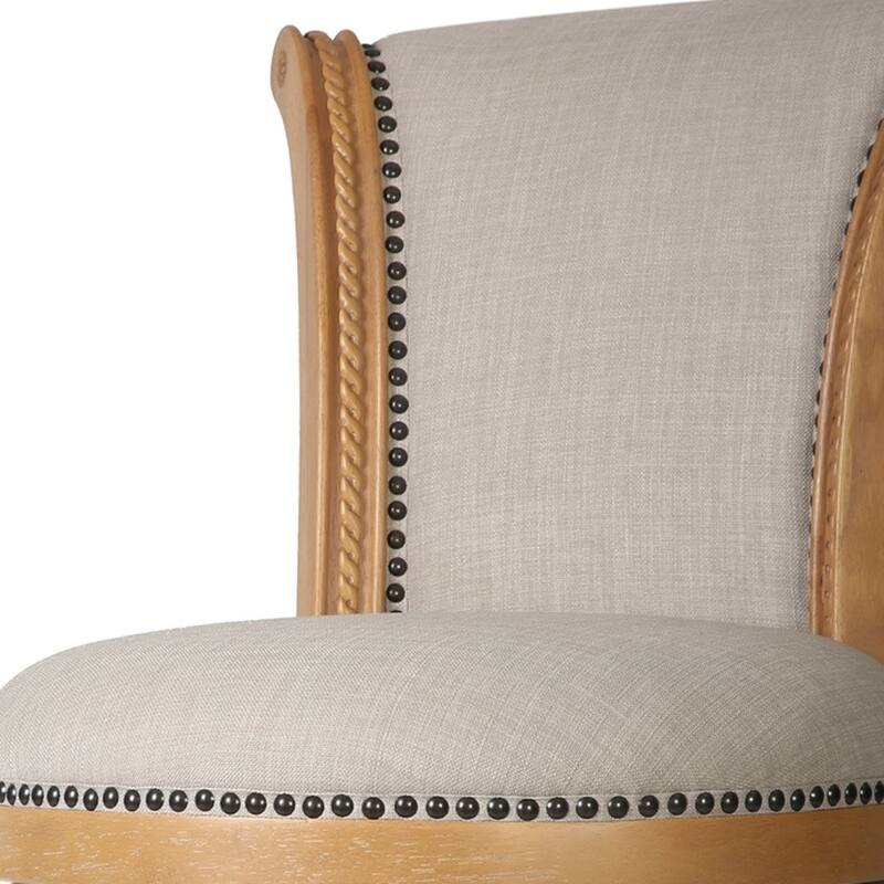 HomeRoots 30" Beige and Natural Fabric and Solid Wood Bar Height Swivel Bar Chair