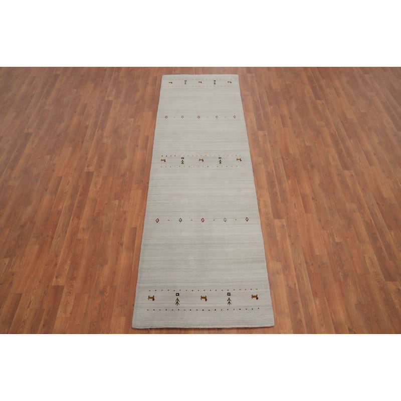 Hand Knotted Oriental 100% Wool Carpet Tribal Animal Pictorial Beige & Ivories Gabbeh Runner Rug - 9' 0'' X 2' 9''
