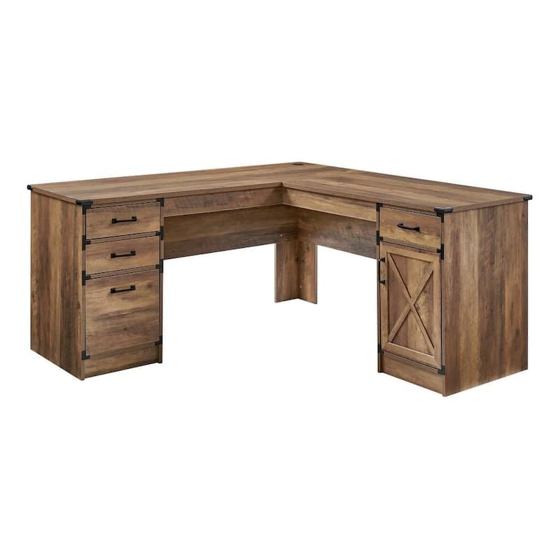 HomeRoots 64" Oak Wood L Shape Executive Desk With Four Drawers