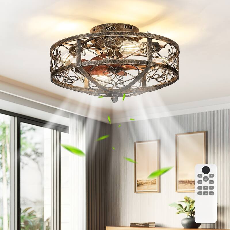 20 Inch Indoor White and Gold Low Profile Cage Ceiling Fan with Light - 20 Inches