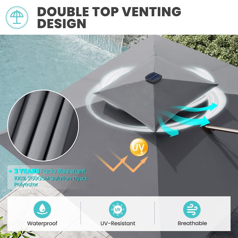 11 FT Solar-Powered LED Patio Cantilever Umbrella with Double Canopy and Base