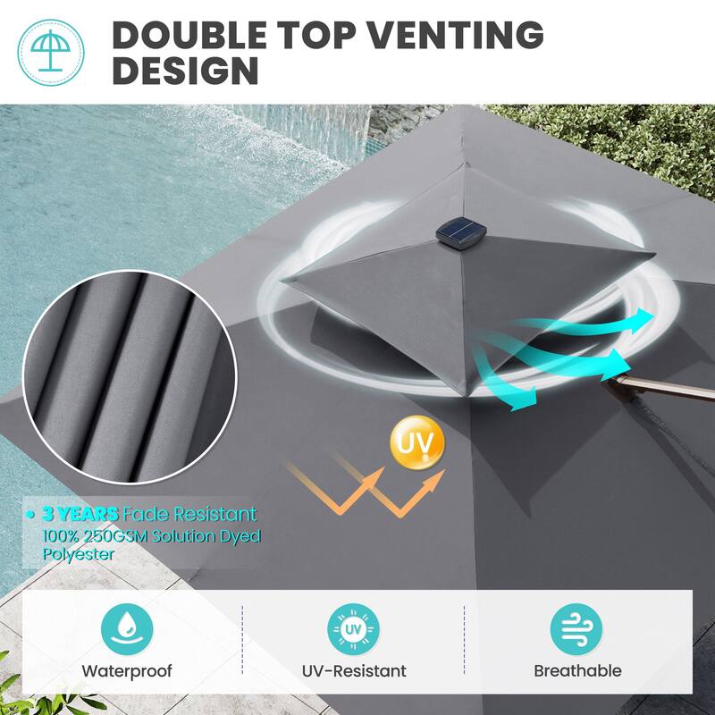 11 FT Square Outdoor Double Top Solar Powered LED Patio Cantilever Umbrella