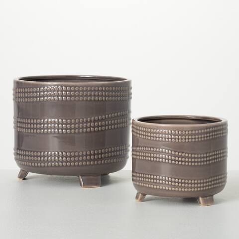 Sullivans 7.25 in. and 5.25 in. Beaded Textured Footed Pots - Set of 2; Gray