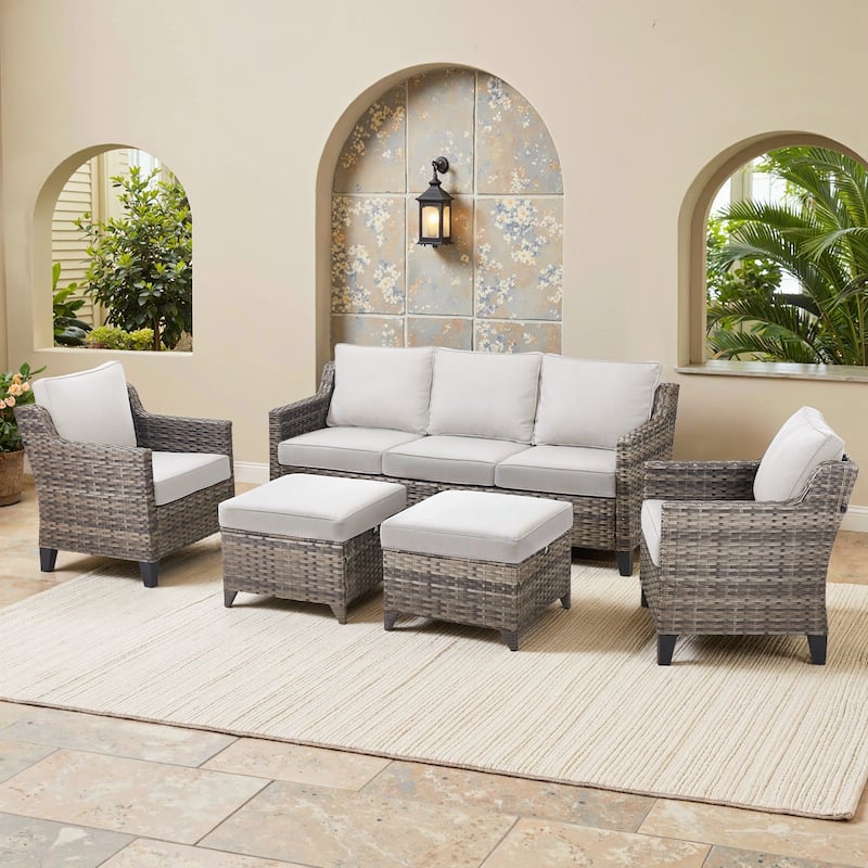 Glissia 5-Piece Gray Wicker Patio Seating Set with Cushions and Ottomans - Beige Cushions - Gray Wicker