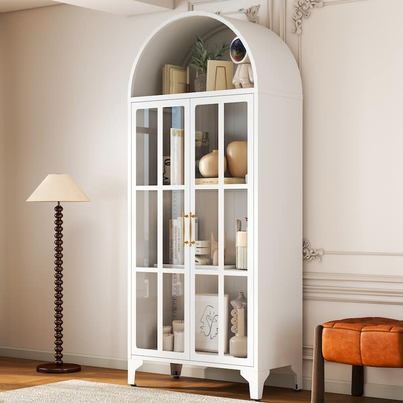 73.6-Inch Arched Metal Storage Display Cabinet with Glass Doors