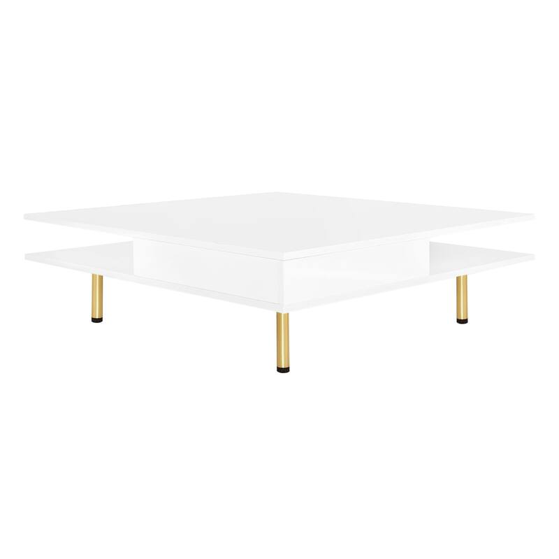 2-Tier Square Coffee Table with 2 Drawers, 4 Golden Legs, High Gloss Coffee Table Center Table w/ Storage for Living Room