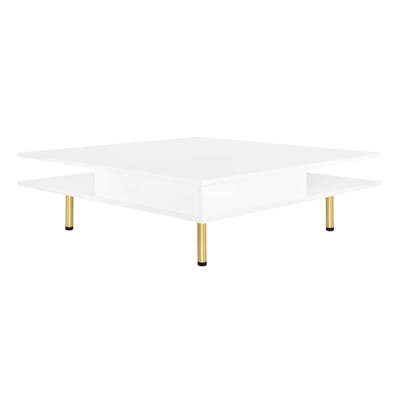 Roomfitters Square High Gloss Coffee Table with Golden Legs, Modern 2-Tier Center Table with Hidden Storage