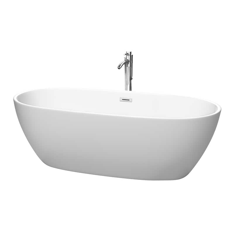 Wyndham Collection Juno 71-Inch Matte White Freestanding Tub w/ Faucet - Matte White, Polished Chrome Trim & Faucet