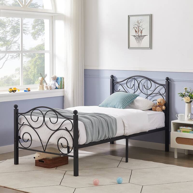 VECELO Metal Platform Bed Frame with Scroll Headboard, Twin/Full/Queen Size Beds