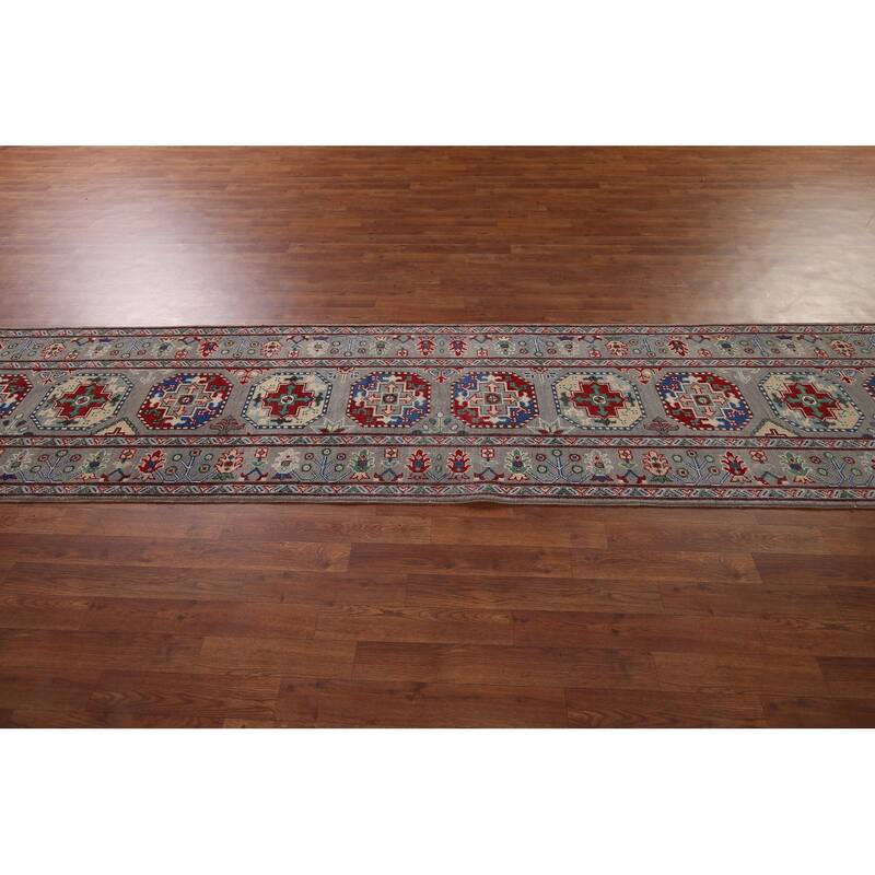 Gray Geometric Kazak Runner Rug Hand-Knotted Wool Carpet - 2'9" x 12'8"
