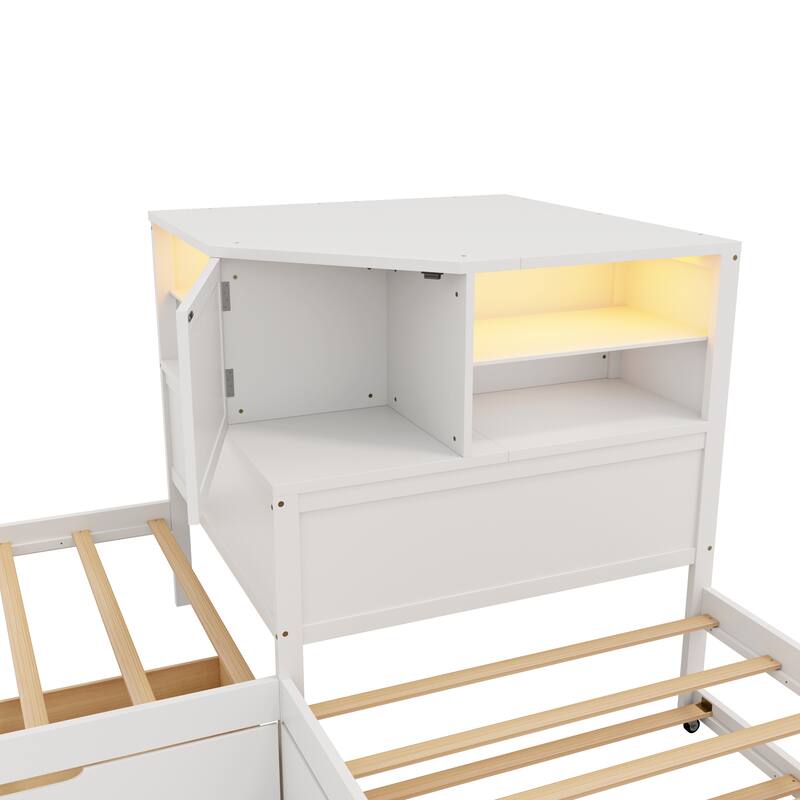 All-in-one Low Profile Platform Bed with Trundle and Drawer, Wooden Floor Bed Linked Corner Bed Built-in Desk and Led Downlight