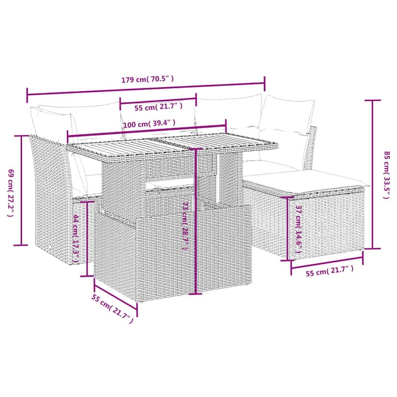 vidaXL Garden Sofa Set Gray PE rattan Medium Removable Covers - 21.7 x 39.4 x 28.7