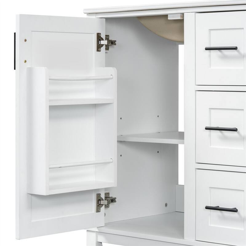 30'' Bathroom Vanity with Ceramic Sink, Freestanding Bathroom Vanity Cabinet with 3 Drawers, 1 Soft Close Door and Storage Rack