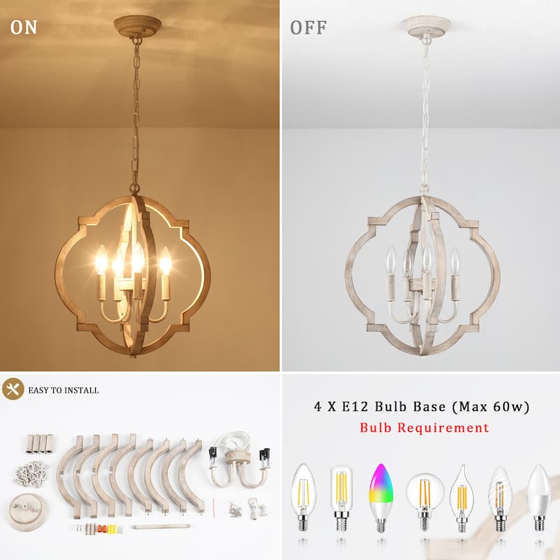 4-Light 16.33"W Wooden Lantern Rustic Chandeliers for Dining Room Kitchen