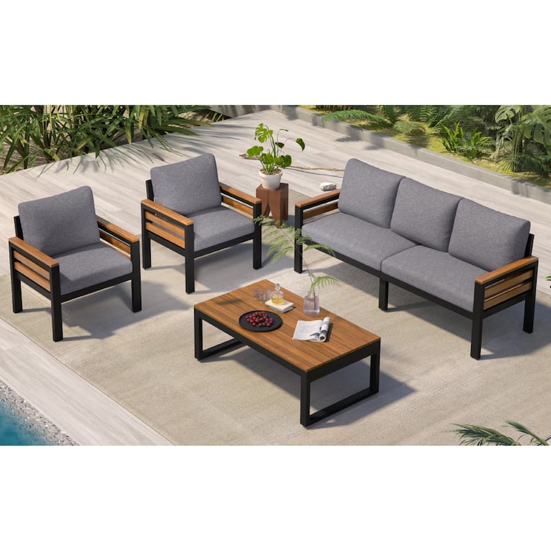 Roomfitters 4-Piece Outdoor Patio Furniture Set with 3-Seater Sofa, 2 Armchairs and Coffee Table, Wood Accents