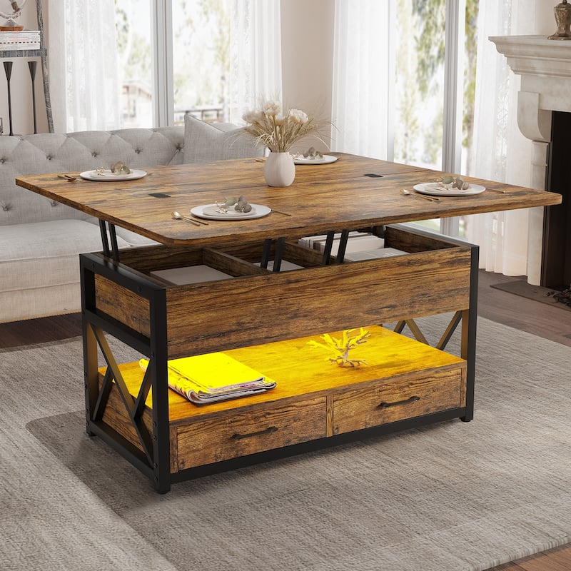 Coffee Table Lift Top 2 Drawers Hidden Compartment for Living Room - Coffee Table with 2 Drawers - Brown