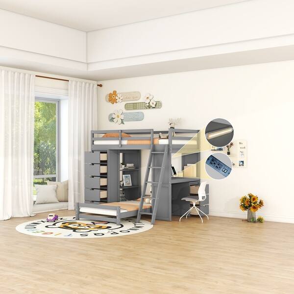 slide 2 of 9, Twin over Twin Bunk Bed with LED Light and USB Ports, Platform Bed with Storage Drawers, Wooden Bed with Desk and Ladder, Gray Grey - Twin