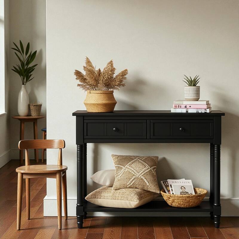Daisy Series Traditional Console Table with 2 Drawers and Bottom Shelf, Solid Pine Wood Entryway Accent Table