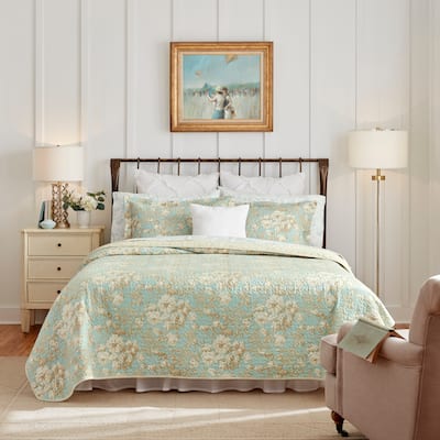 Laura Ashley Brompton Serene Aqua Reversible Cotton Quilt Set