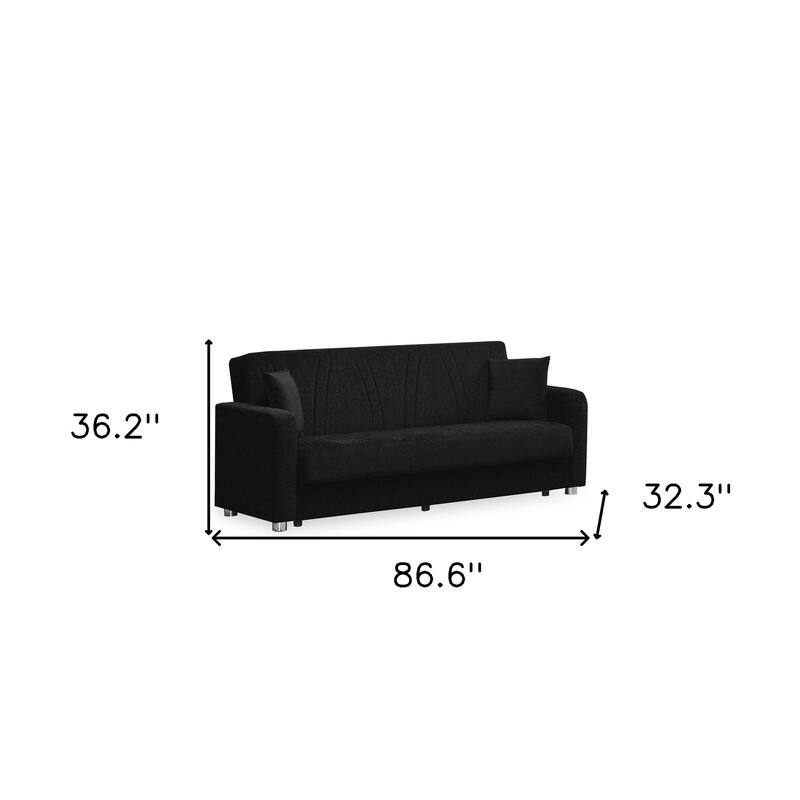 HomeRoots 87" Black Chenille Convertible Futon Sleeper Sofa And Toss Pillows With Storage