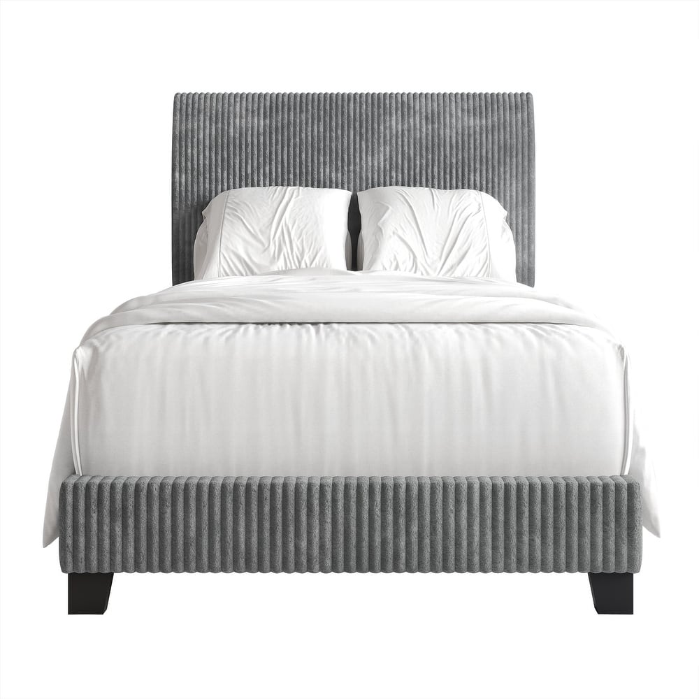 CraftPorch Corduroy 4-pieces Mid-Century Modern Grey Bed with Dark Grey Furniture Bedroom Set
