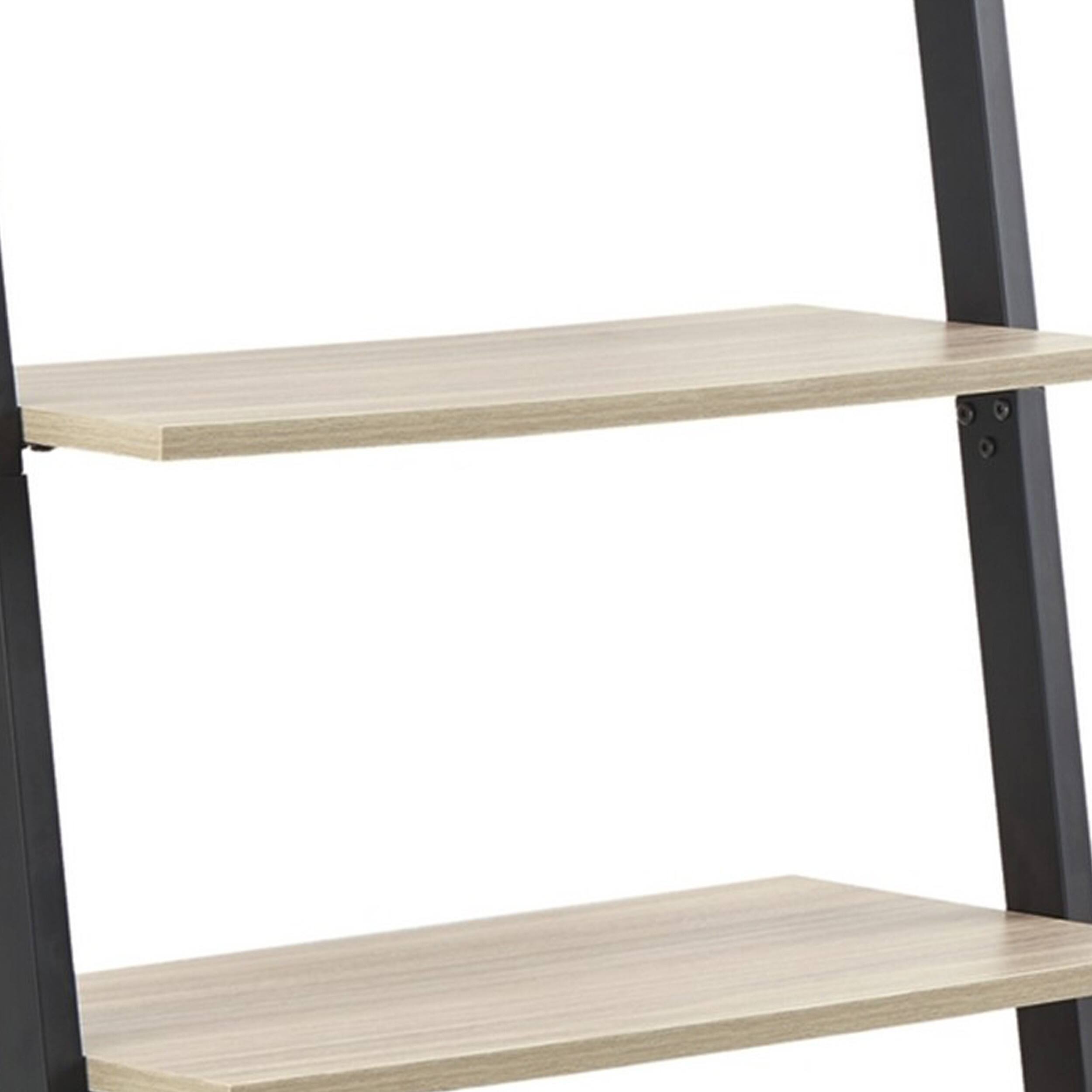 75 Inch Leaning Bookshelf, Ladder Design, 5 Gray Melamine Shelves