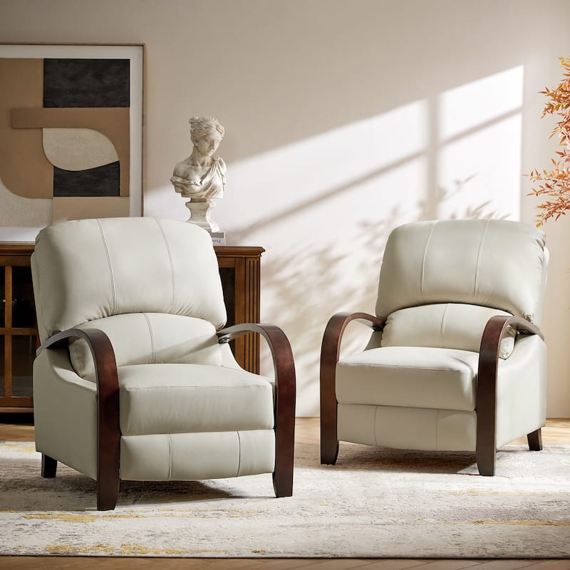 Alex Mid-century Modern Genuine Leather Manual Recliner with Wooden Curved Arms, Set of 2