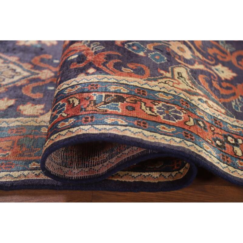 Hand Knotted Oriental 100% Wool Carpet Traditional Geometric Navy Blue & Blues Mahal Runner Rug - 10' 8'' X 3' 5''