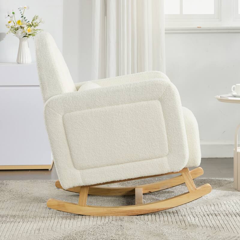 Wooden Base Nursery Rocking Chair, Cream White Accent Chair Lounge Chair with Curved Back & Pillow