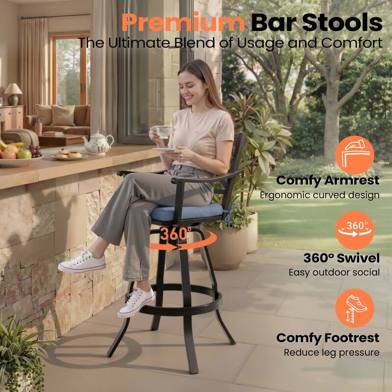 Pellebant Patio Outdoor Aluminum Swivel Bar Stools with Sunbrella Cushion - 21.7 in W x 16.5 in D x 46 in H